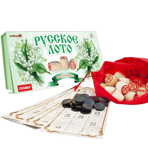 compar Bingospiel Lottospiel Russisches Lotto (Loto) Spielset mit Holzfiguren Familienspiel Maiglöckchen Motiv
