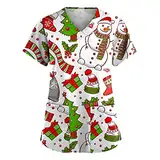 OUMSHBI Kasacks Damen Pflege Set Weihnachts Longshirt Damen Weihnachtspyjama Hose Damen Laborkittel Damen 100 Baumwolle Chemie Mit Druckknöpfen Halbarm Tshirt Damen Krankenschwester Kittel