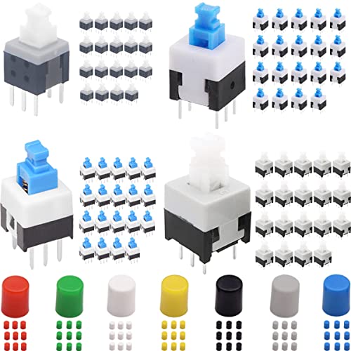 DAOKAI DPDT Drucktastenschalter Mikroschalter Mini Schalter 6 PIN Selbsthemmender(8.5 x 8.5 mm, 8 x 8 mm, 7 x 7 mm, 5.8 x 5.8 mm) Schalter-Kit,mit Schalterkappe(80-teiliges)