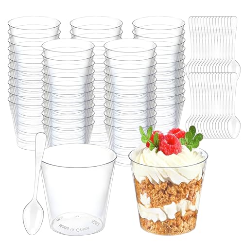 Atliberswo 50PC Dessertgläser plastik, Dessertbecher Plastik mit Löffeln, 2oz/60ML, Wiederverwendbar Dessertschalen plastik für Pudding Mousse Eiscreme Dessert Party