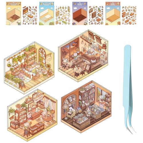4 Sets 3D Sticker Scene, DIY Set 3D Sticker, Room Sticker Book mit Tweezers, 3D House Sticker Set, DIY 3D-Haus-Aufkleber,Gestalten Sie Ihr Eigenes Blumenzimmer,Café,Bäckerei und Bibliothek,Stressabbau
