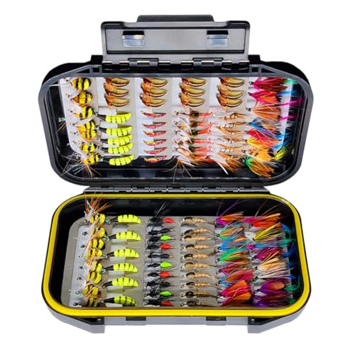 Qitewwrme Fliegenfischen Fliegen Kit, 100 Pcs Künstliche Fliegenfischen Köder mit trockenen/nassen Fliegen, Streamer, Fliegensortiment Forelle Angeln mit Box