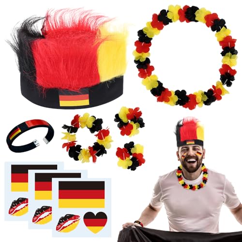 Deutschland Fanartikel Em 2025 Fanartikel, Deutsche Euro Fussball EM 2025 Fan Lieferungen Set mit Deutschland Fächer Perücke, Blumenkette für Sportspiele, Armreif Schwarz Rot Gold und Sticker
