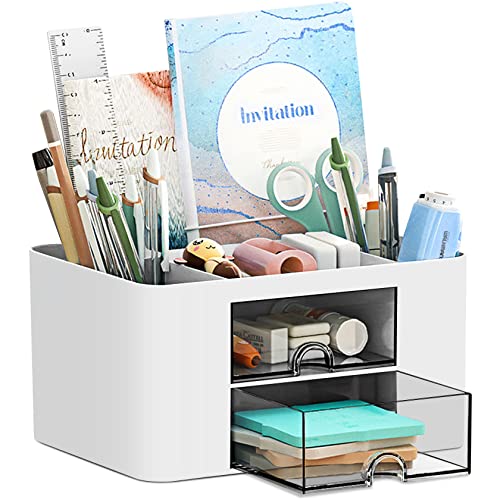 PAMIYO Schreibtisch Organizer 7 Fächer Plastik Büro Organizer, Multifunktionaler Stiftehalter Schreibtisch mit Schublade,Tisch Organizer aus Kunststoff, Stifteköcher für Büro Zuhause Schule (Weiß)