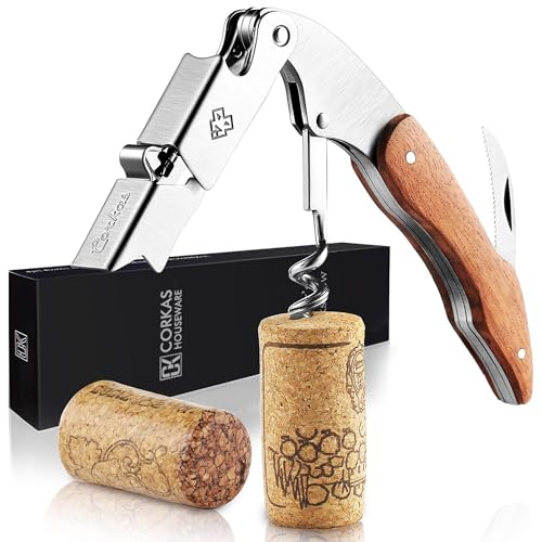 Korkenzieher,CORKAS Holz Kellnermesser,Profi Weinöffner aus Edelstahl in Gastronomie Qualität mit Flaschenöffner und Folienschneider,Ideales Kellnermesser für Weinliebhaber