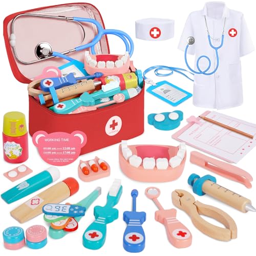 BUOAZR Arztkoffer Kinder Holz Spielset, 27-teiliges Doktorkoffer Kinder Mit Echtem Stethoskop, Arztkittel, Arzttasche, Thermometer und Spritze - Geschenk für Kinder Rollenspiele Spielzeug ab 3 Jahren