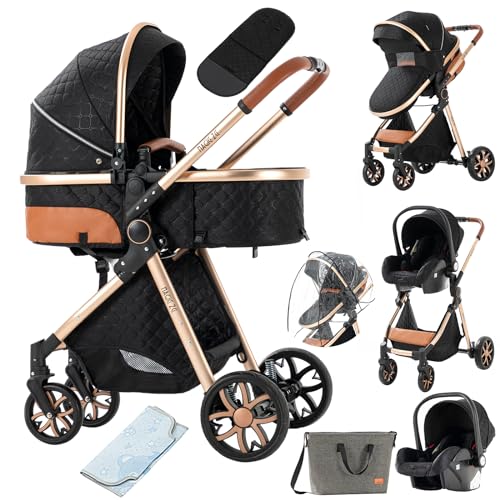 MoLi Kinderwagen 3 in 1, Kinderwagen mit Umkehrbarem Doppelschiebemodus, Buggy mit Großer Bequemer Babywanne, Kombikinderwagen 3 in 1 Rahmen Aluminiumlegierung Faltbar Hohe Landschaft (225 Black Gold)