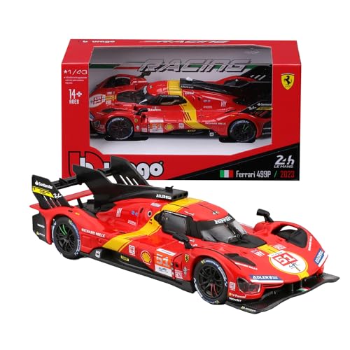 Bburago - Ferrari 499P LMH Nr. 51 - Realistisches Auto im Maßstab 1:43, Modell 2023 24H Le Mans Champion, Diecast Replica mit offizieller Ferrari-Lizenz, Empfohlenes Alter 14+ Jahre