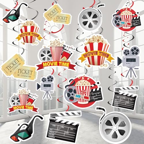 Movie Night Party Kino Deko - 16 Stück Filmnacht Hängende Wirbel, Film Nacht Popcorn Boxen 3D Brillen Filmklappen Kamera Hängende Spiralen Girlande Folien Wirbel, Kino Geburtstag Dekoration