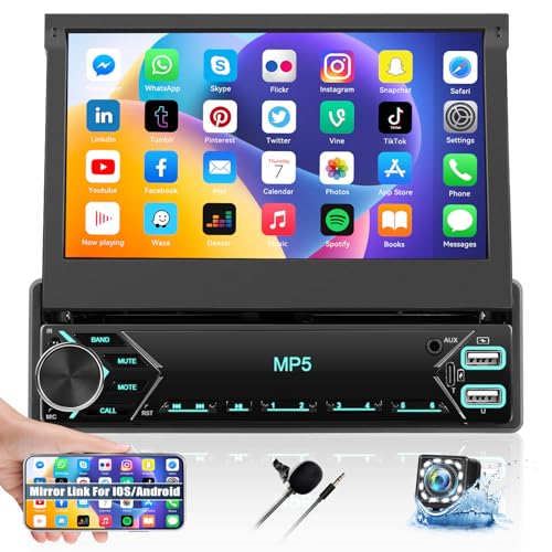 CAMECHO Autoradio Bluetooth 1 Din mit Mirror Link für iOS/Android, 7 Zoll Bildschirm Ausfahrbarem Touch Display Single Din mit FM Radio EQ/USB/Type-C Lenkradsteuerung Rückfahrkamera 7 Farbenmit