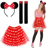 Sprinlot Damen Mouse Kostüm, Rote Tutu mit weiß Gepunktet, Tüllrock mit Maus Ohren Haarreifen, Rote Schleife Ohren Overknee Strümpfe Accessoire für Fasching Karneval Halloween Cosplay Party C6-New