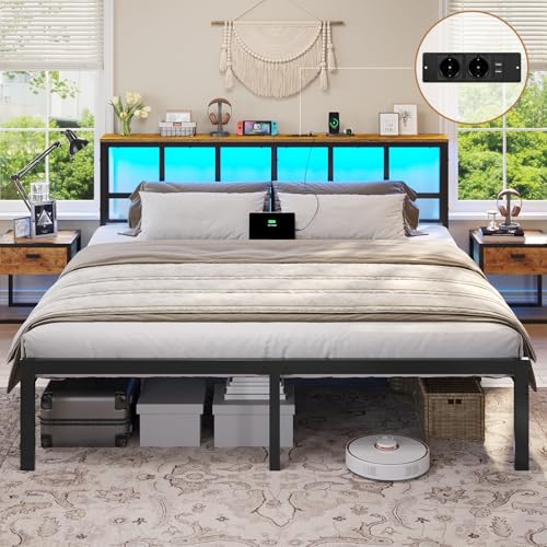 Brinlawb Bett 180x200 mit Lattenrost aus Metall, Bettgestell 180x200cm mit LED Beleuchtung, Ladestation (2 AC-Steckdosen,2 USB-Anschlüsse) Metallbett 180x200 cm mit Kopfteil und Stauraum Doppelbett