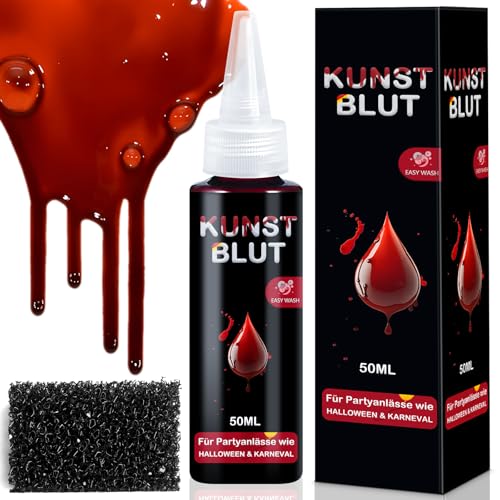 SEO-FANALLY Halloween Kunstblut 2er Set, Halloween Schminke Fake Blood 50 ml+1 Grober Schwamm, Fake Blut Realistisch, Abwaschbar und Sicher für SFX Make up, Theaterschminke, Zombies, Vampire, Cosplay