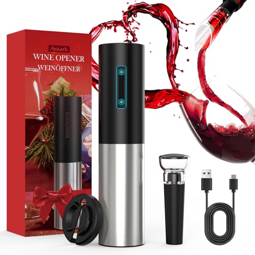 Korkenzieher Elektrisch, Assark Weinflaschenöffner Set, Automatischer Flaschenöffner, Geschenkidee Weinflaschenöffner, Korkenzieher Wein mit Folienschneider, USB-Kabel, Vakuumstopfen und Weinausgießer