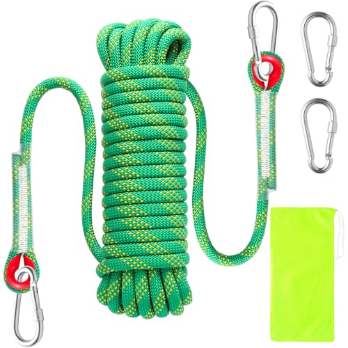 10mm Kletterseil, Outdoor-Sicherheitsseil, Nylon Seil Statisches Kletterseil Rettungsseil Feuerrettungs-Fallschirm-Seil mit 2 Karabinern für Arbeiten in der Höhe/Feuerleiter/Abseilen/Sport, Grün