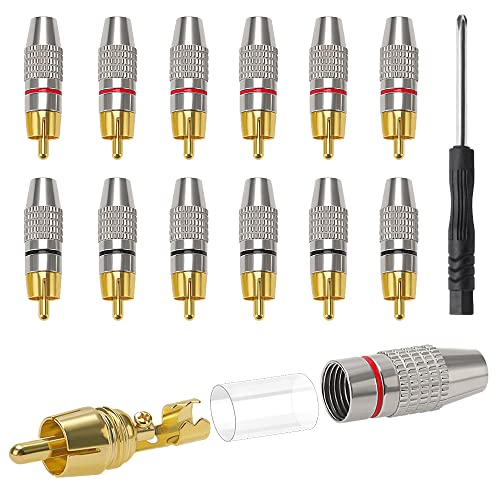 KUOQIY 12 Stück RCA Löten Verbinder, Vergoldeter Lautsprecher Phono Cinch Stecker, Cinch Stecker Adapter, RCA-Stecker Lötfrei, mit Schraubendreher, für Multimedia und CCTV (6 Schwarz + 6 Rot)