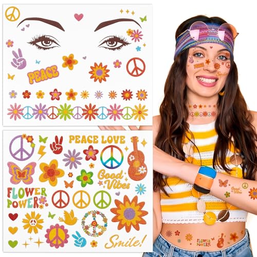 BOFUNX 2 Stücke Hippie Gesichtstattoo Hippie Face Tattoo Körper Tattoo Wassertransfer Temporäre Tattoos für Fasching Karneval Mottoparty Cosplay