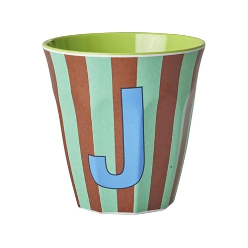 Rice Melamin Becher medium gestreift mit Buchstaben, Modell für Jungen blau/grün/mint- Töne, Größe 9 x 9 cm (J Junge)