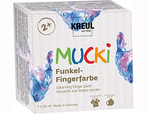 KREUL 2318 - Mucki schimmernde Funkel - Fingerfarbe, 4 x 150 ml in rosa, blau, silber und gold, parabenfrei, glutenfrei, laktosefrei vegan, auswaschbar, vermalbar mit Pinsel, Schwamm und Fingern