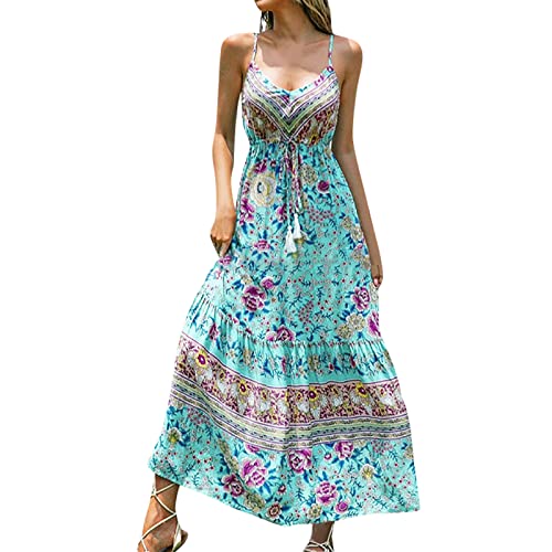 TURWXGSO Böhmische Kleider für Damen, lässig, ärmellos, Sommerkleid, Übergröße, lockerer V-Ausschnitt, Tunika, knöchellang, schmal, Vintage, Blumendruck, Rüschenkleider mit Taschen, Gürtel, 1. Blau,