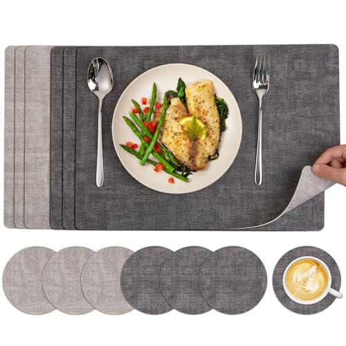 Tischsets Abwaschbar Leder & Untersetzer - 6er Set Doppelseitigen Platzset Wasserdicht Tischuntersetzer rutschfest Hitzebeständig für Hause Restaurant Premium Hotel 43x30 cm (Grau & Beige)