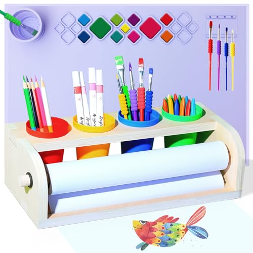 Tisch-Papierrollenspender, Kinder-Kunststaffelei, Staffelei für Kinder, Schreibtisch-Staffelei, Kinder-Papierrollen-Pinsel, Kinder-Kunsttisch-Kis-Papierrolle, Premium-Set (lila)… (Lila)