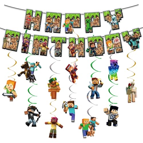 Gamer Geburtstagsdeko Banner, Geburtstag Swirl Decorations Geburtstagsdeko, Cartoon Hängende Luftschlangen, Gamer Happy Birthday Dekoration Kit für Thema Party Deko(C)