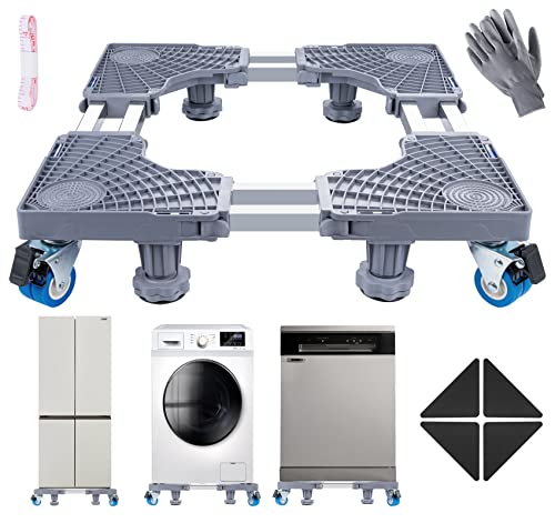 ilauke Waschmaschine Sockel Untergestell mit 4 feststellbaren Rollen und Maßband+Handschuhe+Anleitung Verstellbare Sockel für Waschwaschine,Kühlschrank und Trockner (45-68CM)