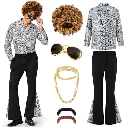 Ulikey 70er Jahre Kostüm Herren, 60er70er Jahre Outfit Herren Retro Hippie Kostüm 70er Disco Kostüm Männer Set mit Perücke, Hemd, Schlaghosen und Disco Zubehör für Karneval Halloween (Silber, XL)