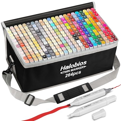 Halobios Alkoholmarker Set 264 Farben, Marker mit Schnell Trocknender, Lebendige Alkohol Tinte, Inkl. Tragetasche | Für Zeichnen, Manga, Design, Malerei – Professionelle Künstler marker für Erwachsene