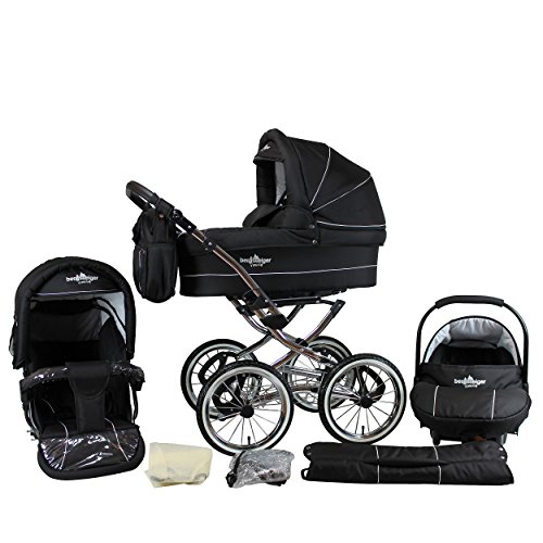 Bergsteiger Venedig Nostalgie Kinderwagen 3 in 1 Retro Kombikinderwagen Megaset 10 teilig inkl. Babyschale, Babywanne, Sportwagen und Zubehör (black edition)