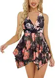 Danfiki Damen Zweiteiliger Badeanzug Push up Bademoden Tankini Set V Ausschnitt Blumenmuster Zweiteiliger Swimsuit Mesh Badekleid