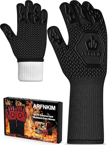 ARFNKIM Grillhandschuhe Hitzebeständig bis 800°C, rutschfest Ofenhandschuhe Feuerfestehandschuhe Kochhandschuhe Backhandschuhe BBQ Handschuhe Topfhandschuhe (Schwarz)