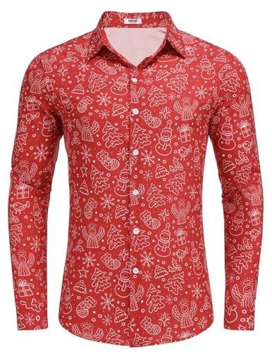 COOFANDY Herren Weihnachts Hemd Langarmhemd Weihnachtsdruck Weihnachtshemd Lustige Funky Hemden Print Hemd Freizeithemd Weihnachtsmann Muster Xmas Hemd Weihnachten Rot XL