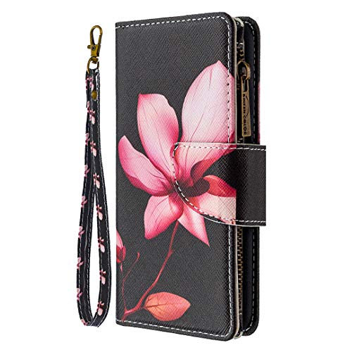 Nadoli Reißverschluss Brieftasche Etui für Xiaomi Redmi Note 10 Pro,Bunt 9 Karte Halter Pu Leder Lotus Blumen Entwurf Lanyard Magnetisch Standfunktion Schutzhülle