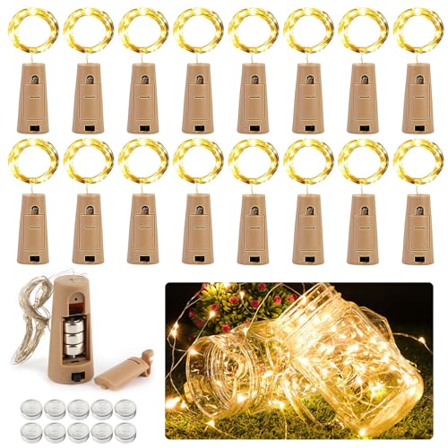 VFANDV 16 Stück Flaschenlicht, Flaschenlichterkette Korken, 2M 20LED Warmweiß Glas Licht Lichterkette mit Batterie, Flaschenlicht Batterie, Lichterkette Flaschenkorken für Hochzeit, Weihnachten Deko