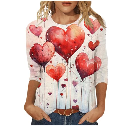 Damen Shirt Valentinstag Pullover T-Shirt Herz Druck Rundhals Kurzarm 3/4 Ärmel Outdoor Sweatshirt Lässig Große Oberteile Frauen Loose Regular Basic Valentinstag Tops Teenager Mädchen