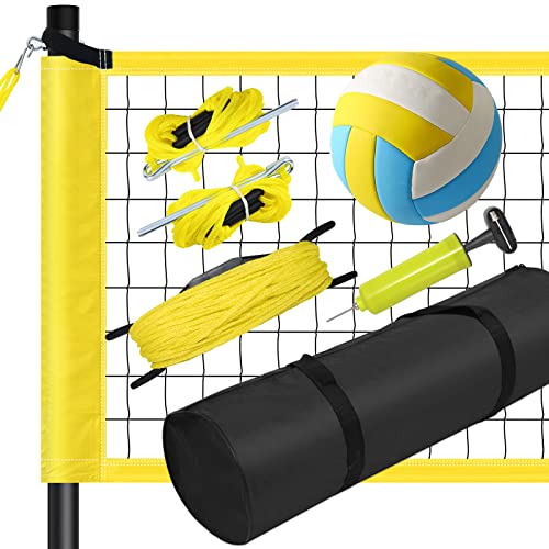 Vanku Volleyballnetz Set Mit Stangen, Höhenverstellbar Volleyball Netz, PU Volleyball, Handpume, Grenzlinie, Tragetasche für Outdoor Garten Rasen Standardgröße 9,5m* 1m (Gelb)