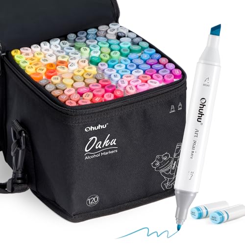 Ohuhu Marker Stifte, Stifte Set 120 Permanent Marker Pen Meißel & Feine Verdoppelt Spitzt Kunst Sketch Twin Marker Stifte mit Tragetasche für Malerei Coloring Unterstreichunge, Oahu Serie