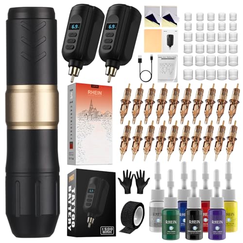 RHEIN Tattoo Maschine Set mit 2PCS 1500mAh Akkus Power 20PCS Tattoo Cartridges 7 Colours TattooFarbe Kabellos Pen Machine Komplettes Tattoo Zubehör RN-TK2002EU-1