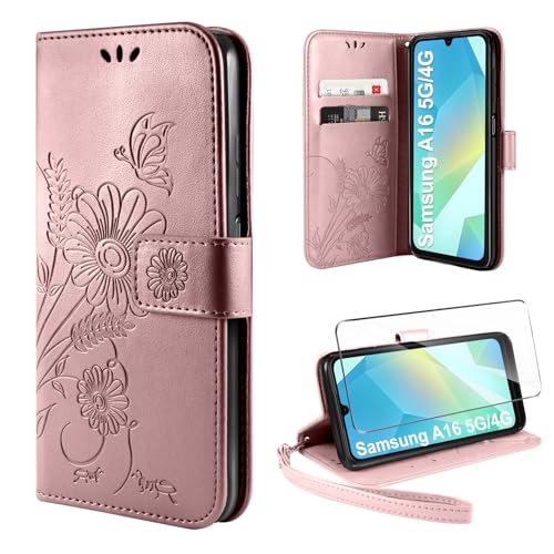 ivencase Handyhülle für Samsung Galaxy A16 4G / 5G Hülle mit 1 Stück Hartglas Schutzfolie, Flip Lederhülle Tasche Case Magnet Kartenfach Schutzhülle für Samsung Galaxy A16 (Roségold)