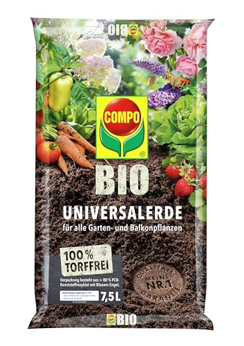 COMPO BIO Universal-Erde für Zimmerpflanzen, Ideal auch als Gemüseerde, für Obst und als Kräutererde, Torffrei, Kultursubstrat, 7,5 Liter, Braun