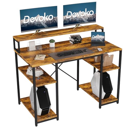 Devoko Schreibtisch mit Monitorständer, Computertisch mit Regalen, Bürotisch mit Bücherregal, Computertisch Klein PC-Tisch Officetisch für Home Office, 120x50x87cm, Rustikales Braun