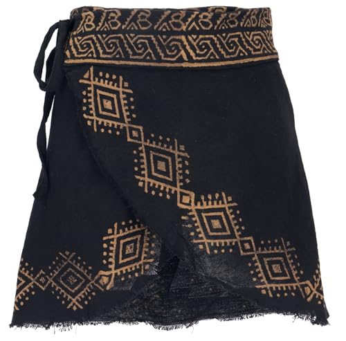 GURU SHOP Natürlicher Goa Minirock, Bedruckter Ethno Wickelrock - Schwarz, Damen, Baumwolle, Size:M
