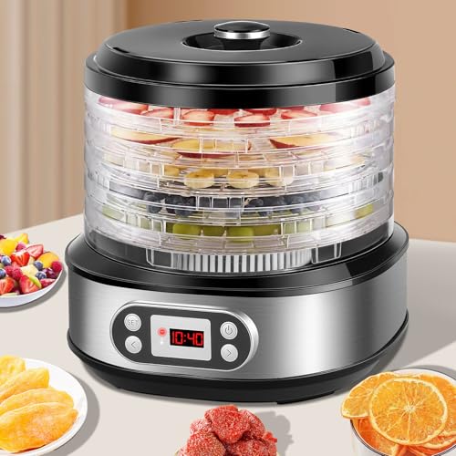 DeeprBling Dörrautomat Edelstahl mit 5 Tabletts, 450W Lebensmittel Dörrgerät mit Temperaturregler 35-70°C und 72H-Timer, LED-Display, Obst Trockner Gerät, Einstellbare Höhe Dehydrator Food, BPA Frei