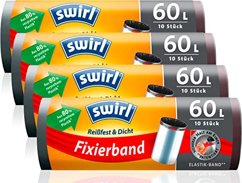 Swirl Reißfest & Dicht Fixierband Müllbeutel 60 l (4 x 10 Beutel), tropfsichere Müllsäcke für den Hausmüll, reißfeste Mülltüten für sicheren Halt am Mülleimer