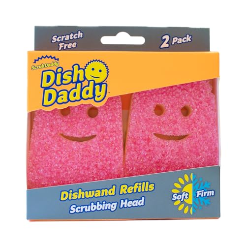 Scrub Daddy Spülstab-Schwamm-Ersatzköpfe, Seifenspender-Scheuerbürste, Texturwechsel-Spülbürste mit Flüssigkeitsspender, Bürsten mit Schaber und abnehmbaren Kopfschwämmen, 2 Stück Rosa