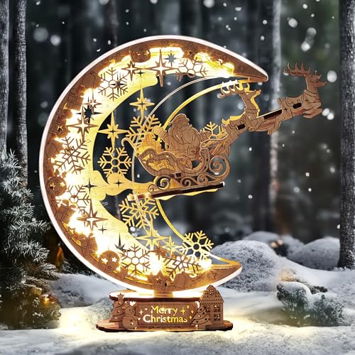FUNPOLA LED 3D Holzpuzzle Weihnachten Nachtflug-Mondlampe, Festliches Nachtlicht als Weihnachtsdekoration, Einzigartiges Weihnachten Geschenk für Erwachsene und Kinder (Braun)