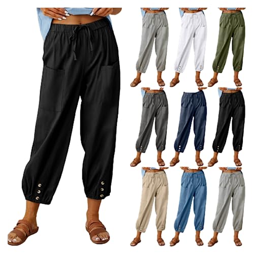 Leinenhose Damen 7/8 Lang Sommerhose Baumwolle Leinen Freizeithose Lässige Einfarbig Stoffhose Casual Loose Fit Strandhose mit Taschen Yogahose Elastische Taille Haremshose Caprihose