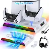 FYOUNG Vertikaler Standfuß für PS5 Slim Konsole mit Lüfter &Controller Ladestation, Multifunktionale Kühlung Ständer für Playstation 5 Slim Zubehör mit 9RGB Licht (Nur für PS5 Slim)